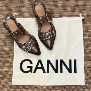 Ganni Brown Pointed Flats with Buckle Detail